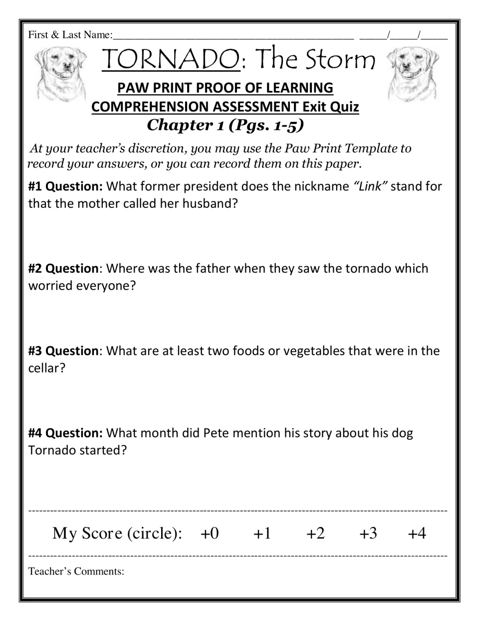 Chapter 1 exit quiz handout: students write answers to four recall questions about the storm, the cellar and Pete's dog