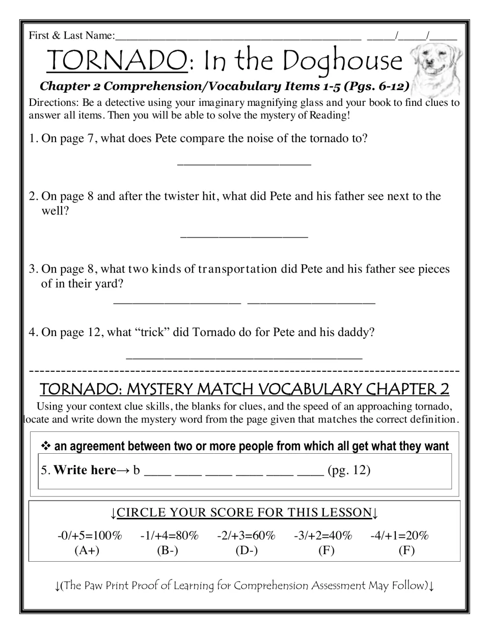 Chapter 2 In the Doghouse: students answer four page-referenced questions on tornado damage and find a context-clue word