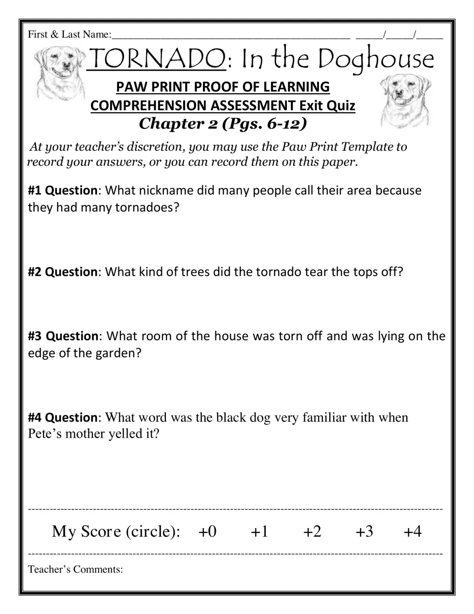 Chapter 2 exit quiz handout: students answer four recall questions about the area's nickname, trees, the house and the dog