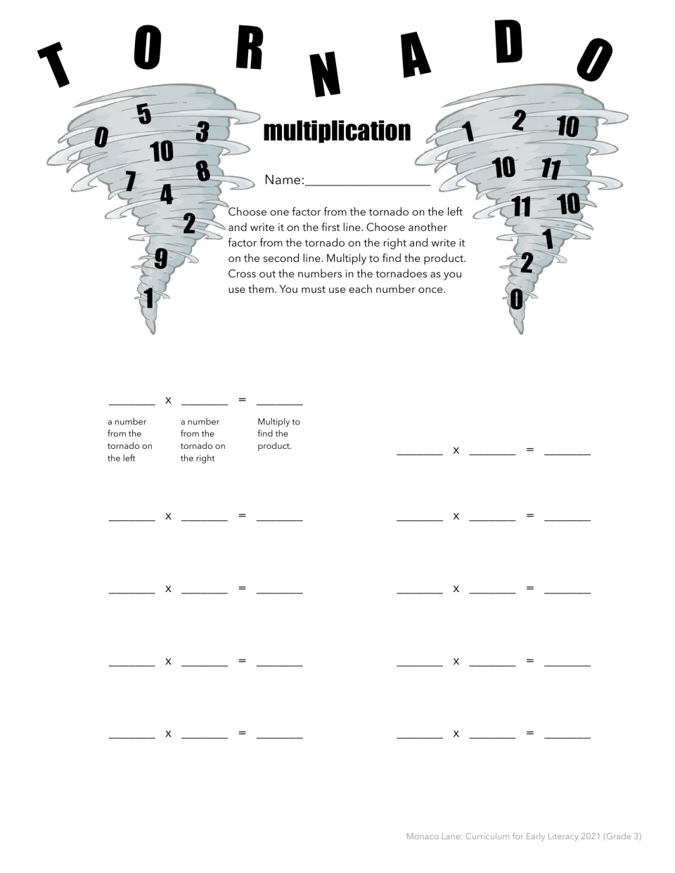 Tornado multiplication: students pair a factor from each tornado, 0 to 11, and multiply to fill in 10 equations