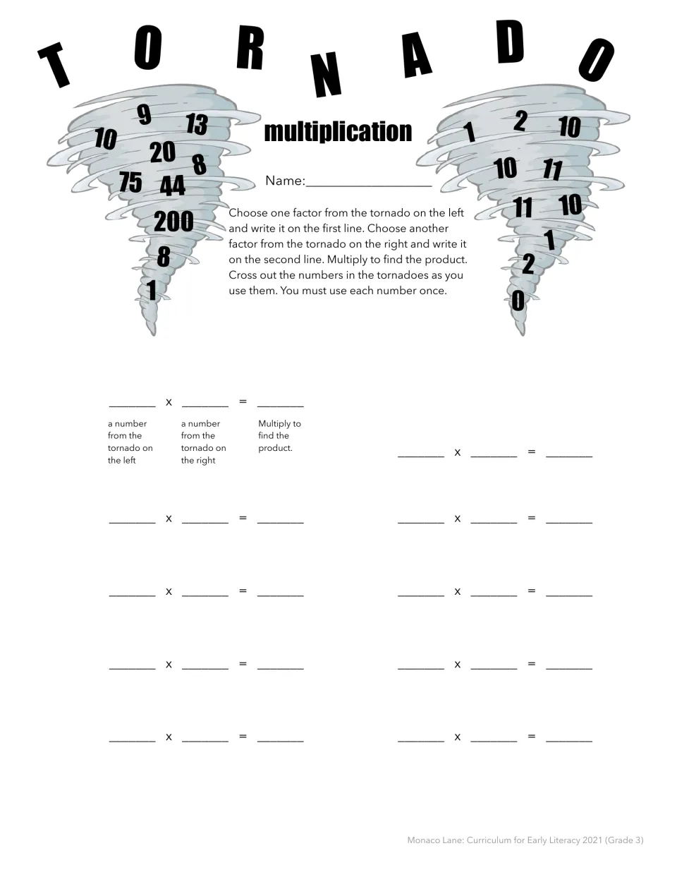 Multiplying larger numbers: students pair left-tornado factors such as 20, 44, 75 and 200 with 0 to 11 for 10 products