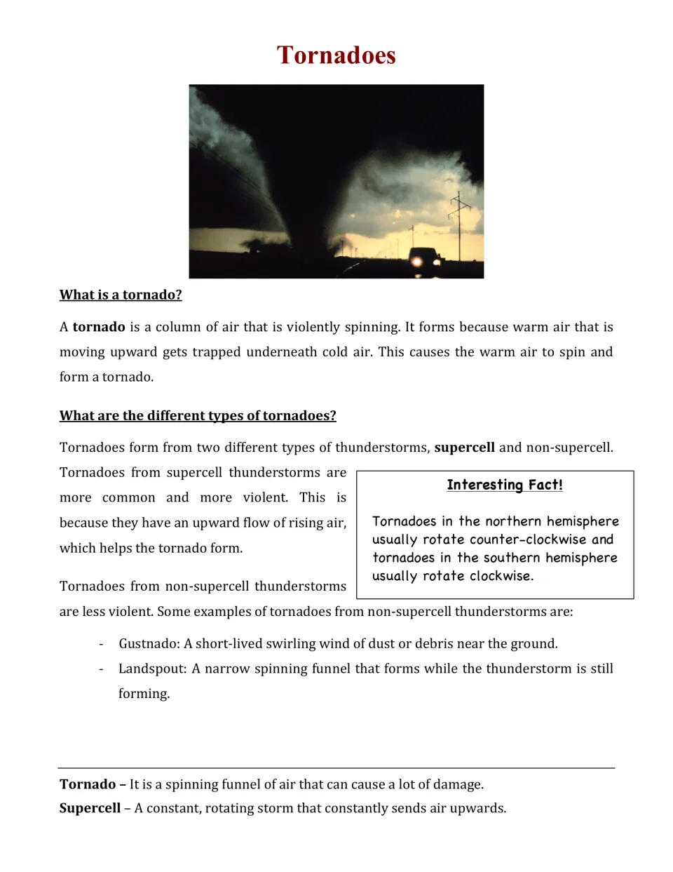 Tornadoes article: students read how tornadoes form and compare supercell and non-supercell types, with a tornado photo