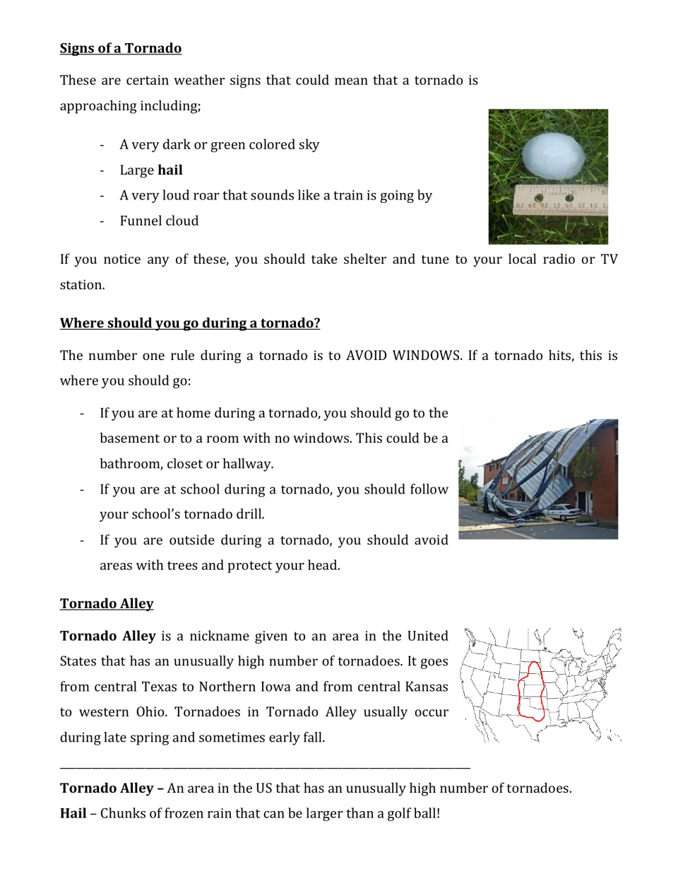 Tornado safety reading: warning signs like green sky and hail, where to shelter, and a US map outlining Tornado Alley