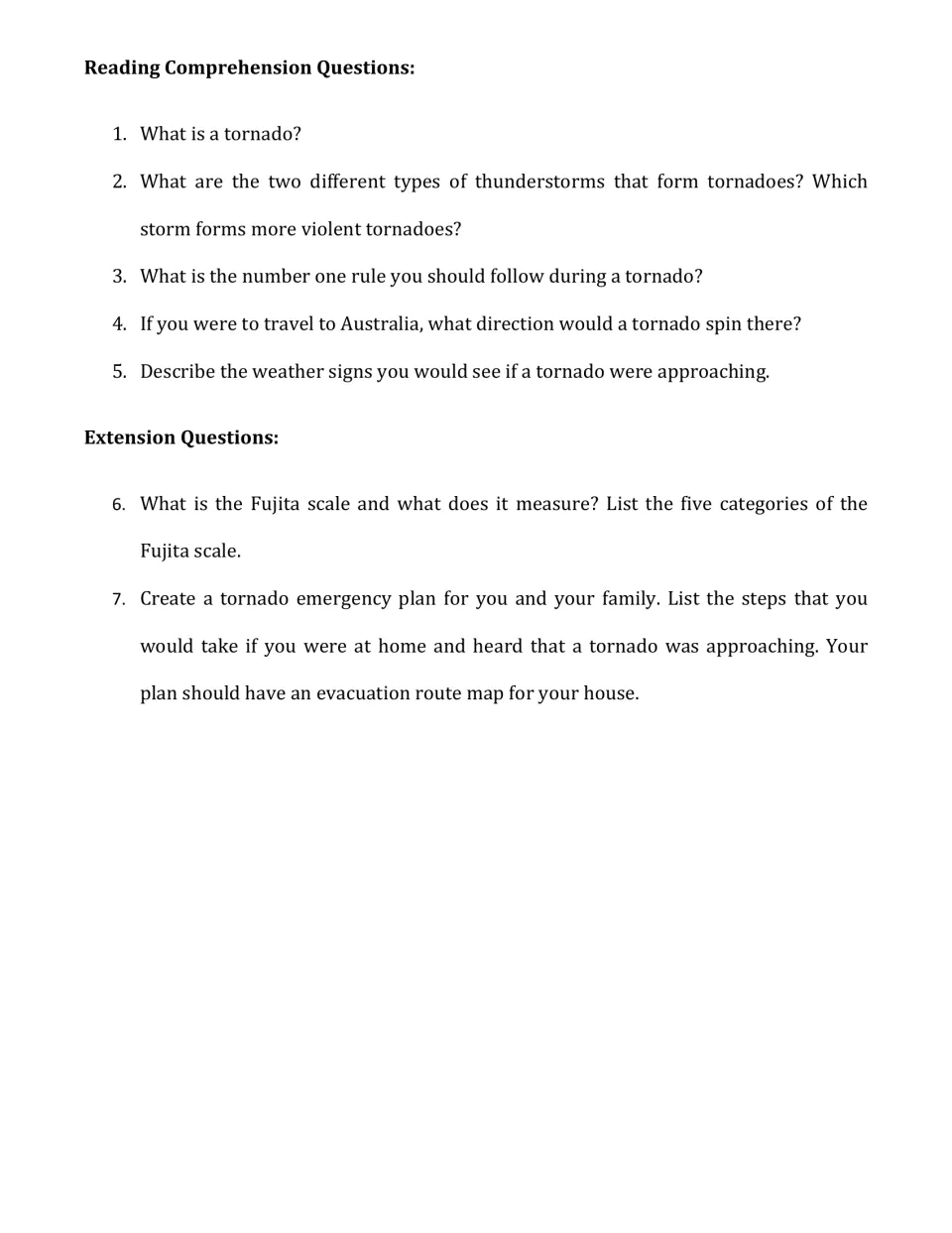 Tornado questions: students answer 5 comprehension items, then define the Fujita scale and draft a family emergency plan