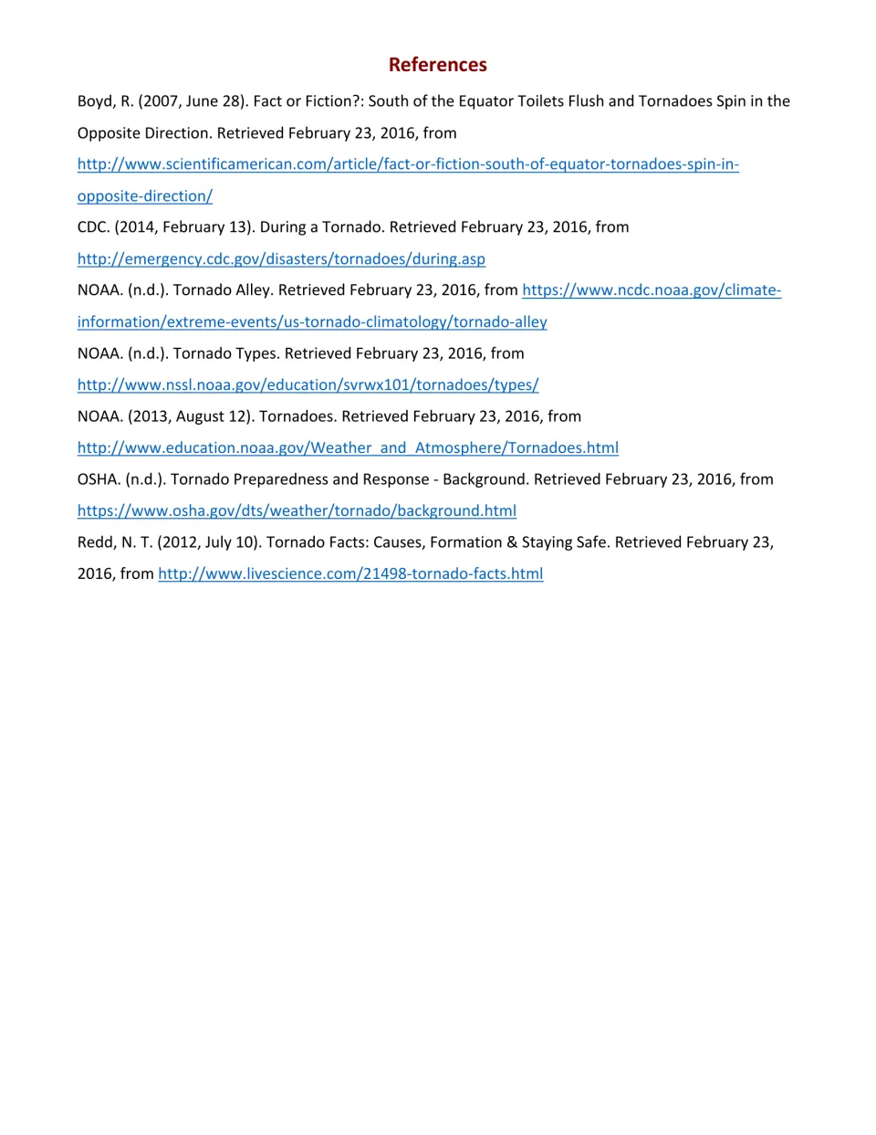References list of tornado sources from NOAA, CDC, OSHA, Scientific American and Live Science with web links