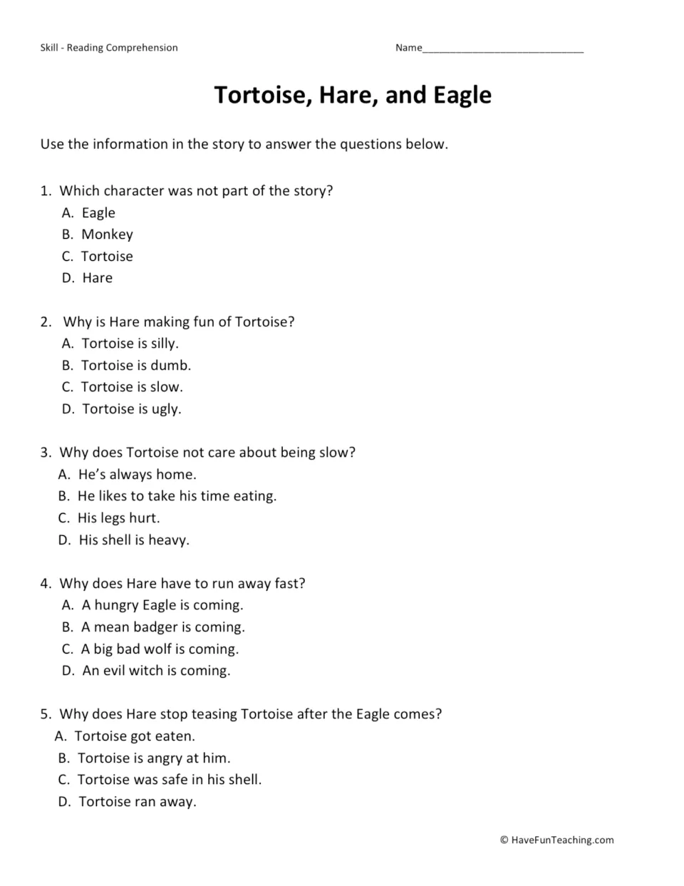 Five multiple-choice questions about the story's characters, Hare's teasing, and Tortoise's safe shell.
