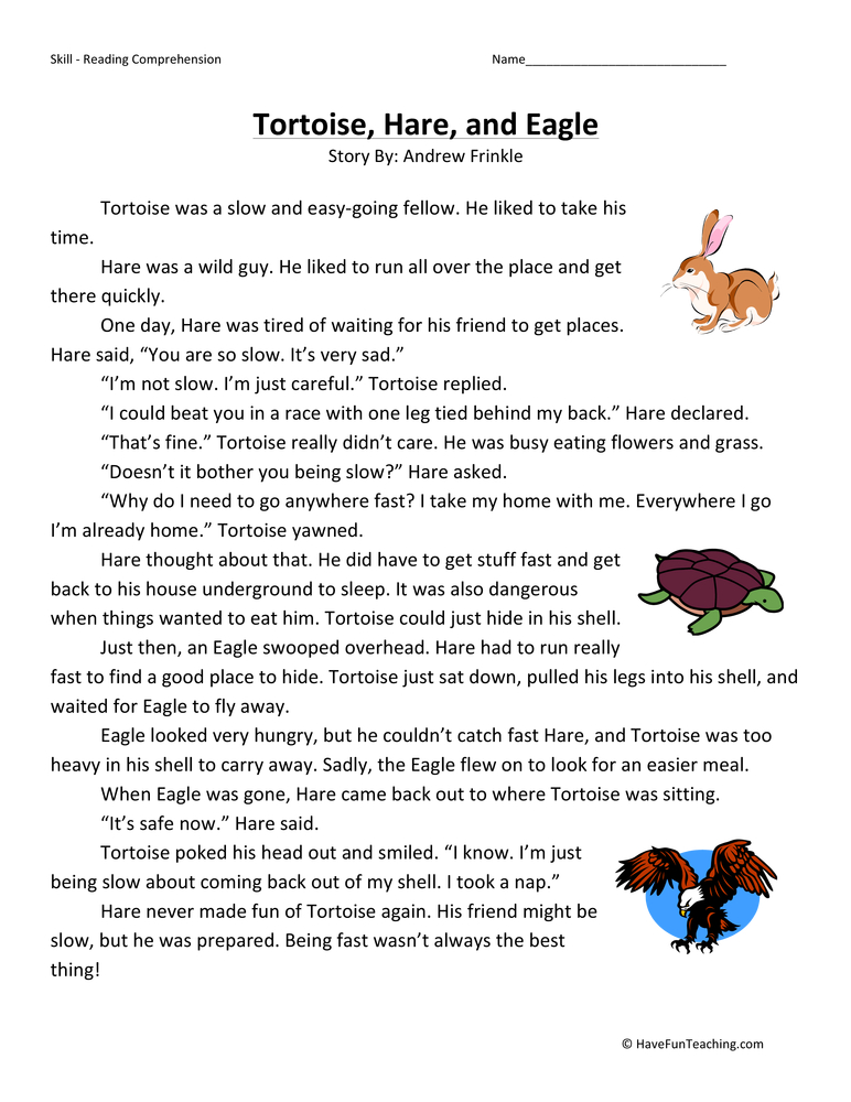 Tortoise, Hare, and Eagle Reading Comprehension Worksheet by Teach Simple