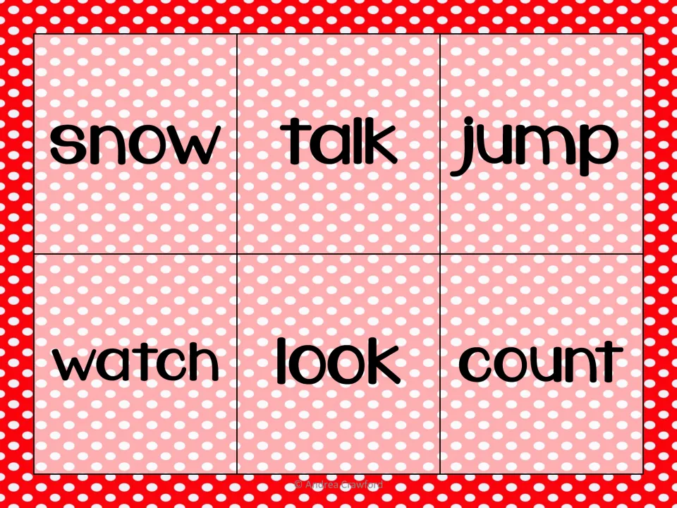 Base-word mat with snow, talk, jump, watch, look and count; students toss to choose a verb to add an ending to