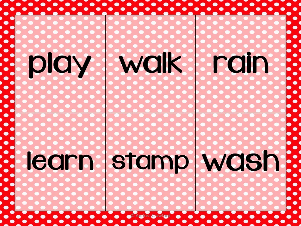 Base-word mat listing play, walk, rain, learn, stamp and wash for students to toss onto and pair with a suffix