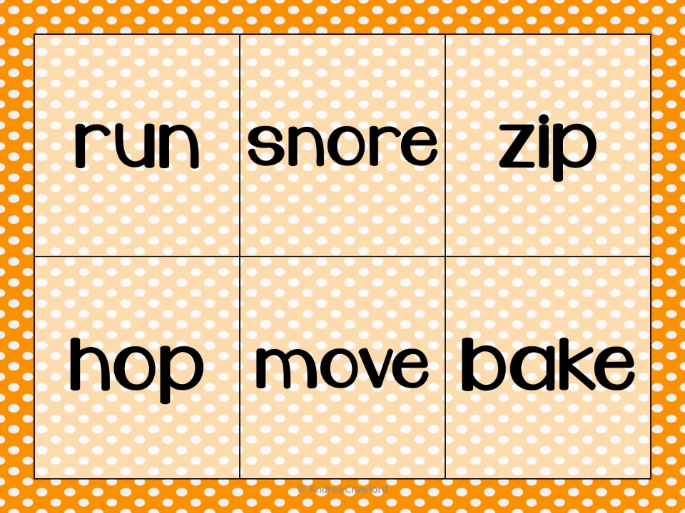 Base-word mat with run, snore, zip, hop, move and bake: words that double a consonant or drop silent e before ed or ing