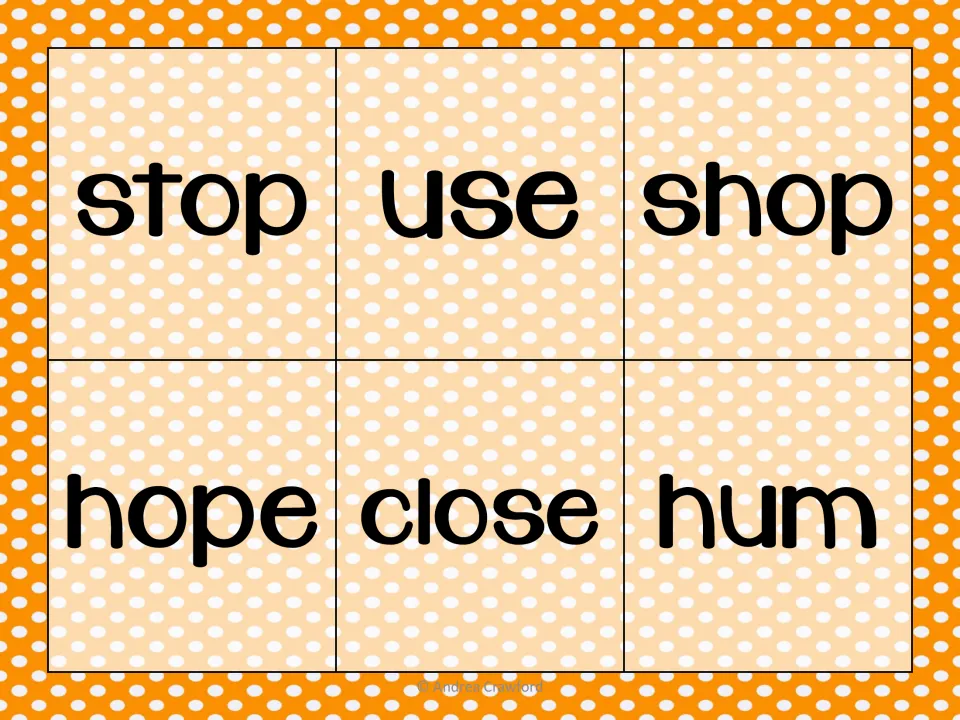 Base-word mat listing stop, use, shop, hope, close and hum for practising doubled consonants and dropping silent e