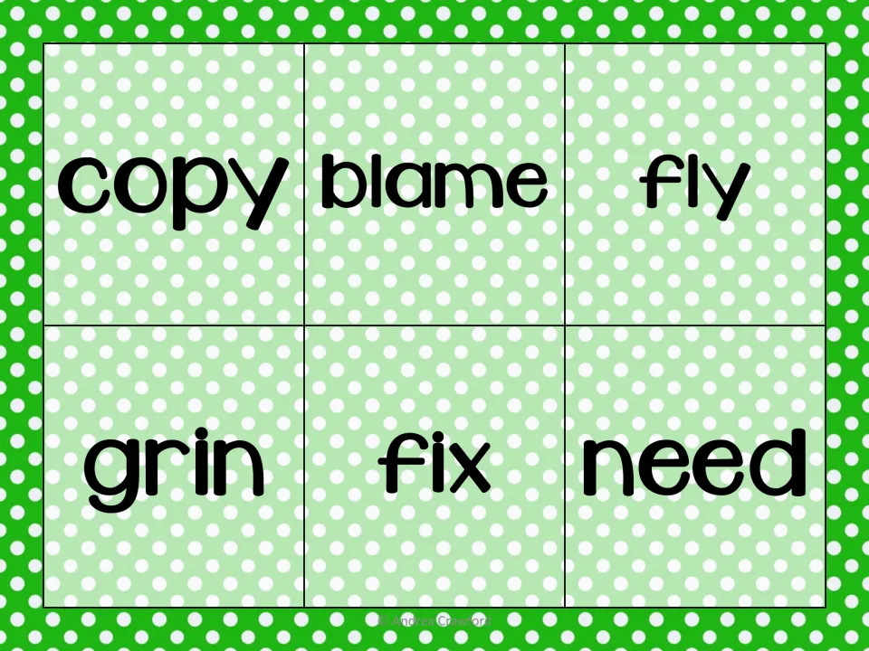 Base-word mat with copy, blame, fly, grin, fix and need, mixing y-to-i, silent e, doubling and no-change verbs