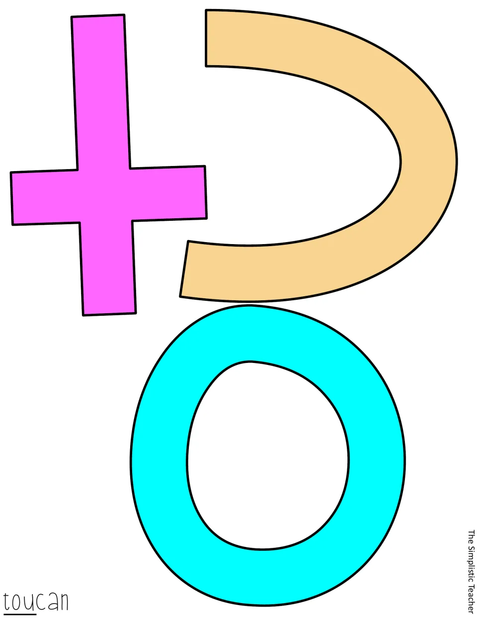 Color letter cutouts t, o, and u in pink, turquoise, and pale orange begin “toucan” for the tropical display