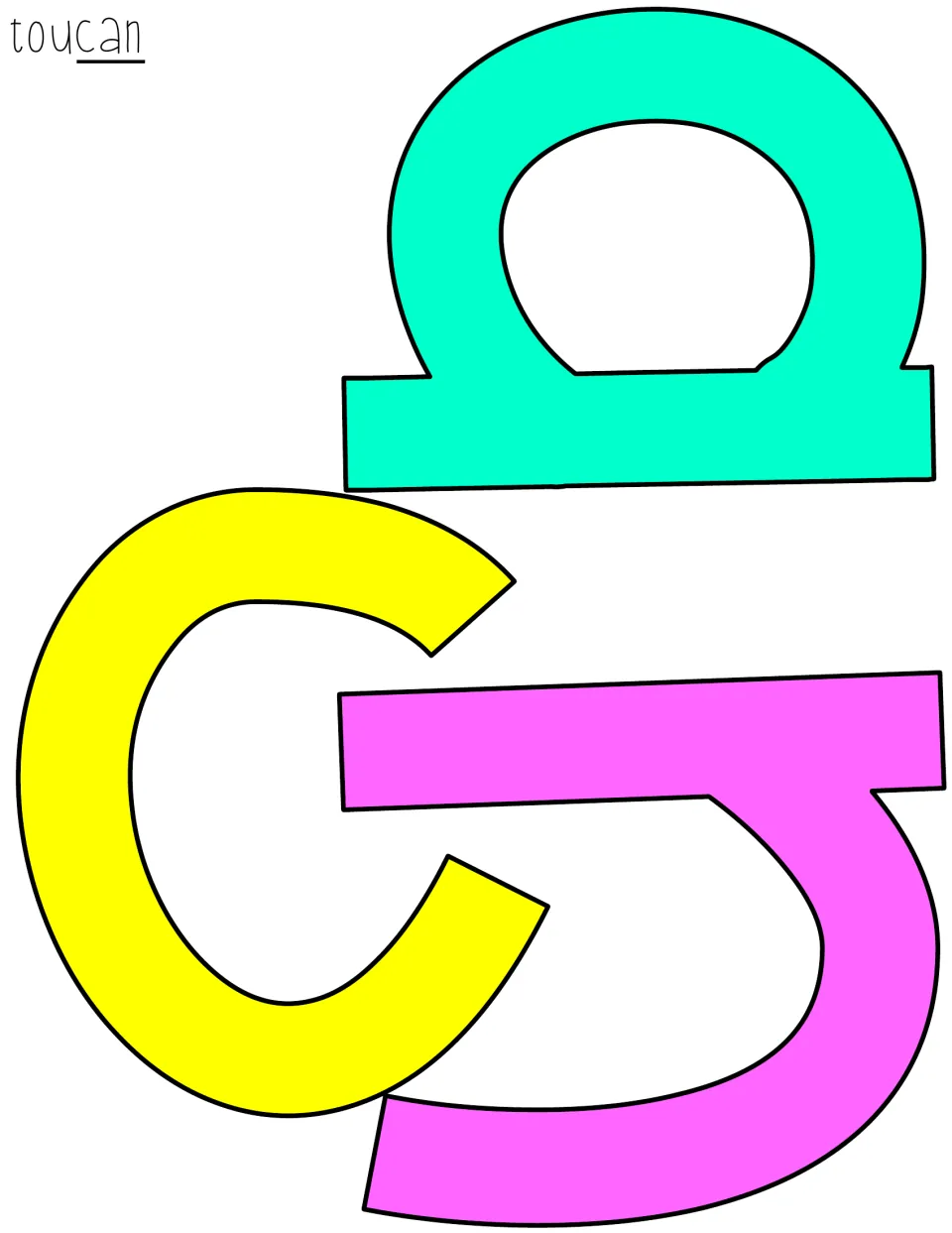 Color letter cutouts c, a, and n in yellow, green, and pink complete “toucan” for the tropical display