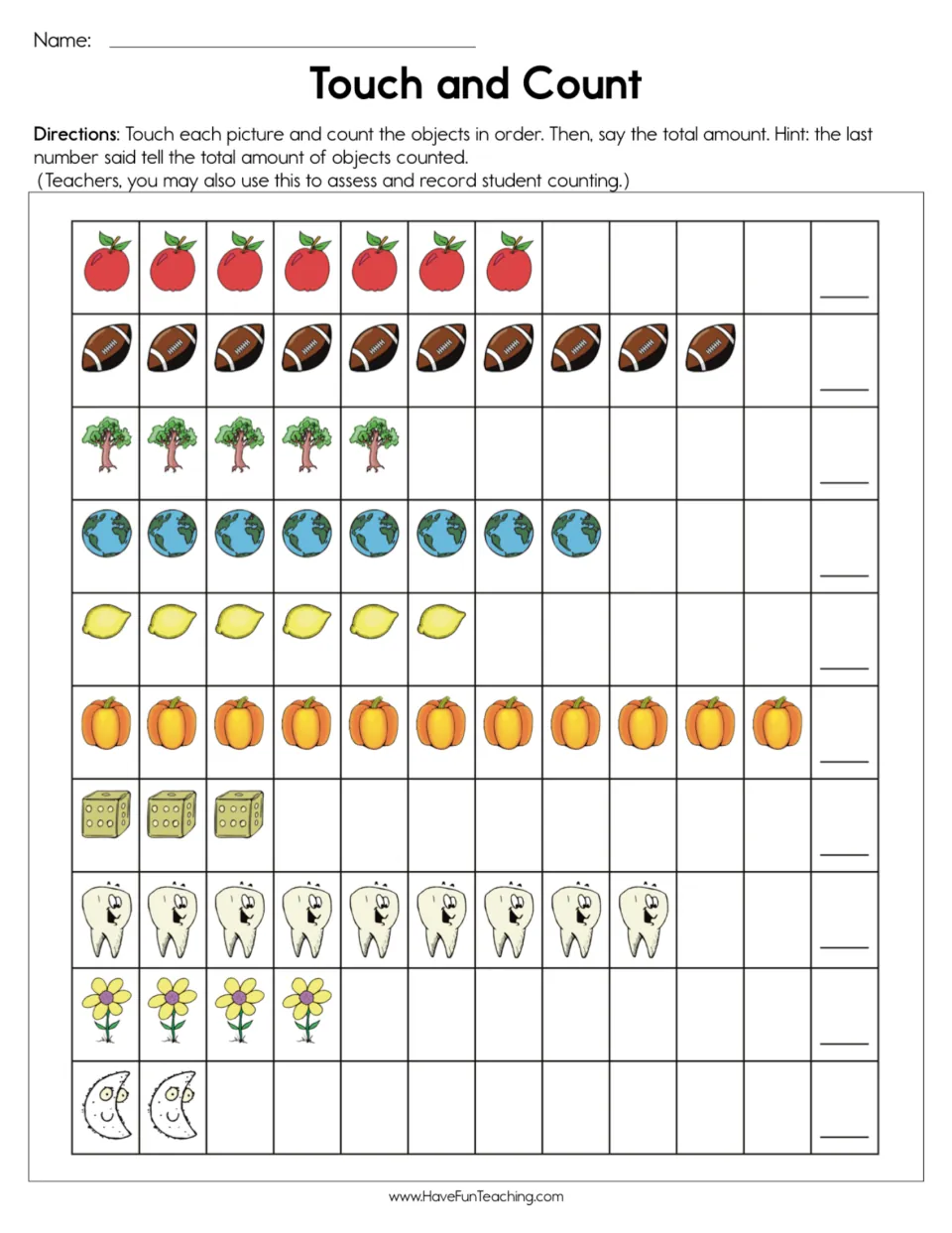 Counting practice: touch and count 10 groups of apples, footballs, trees and other objects, totaling 2–11.