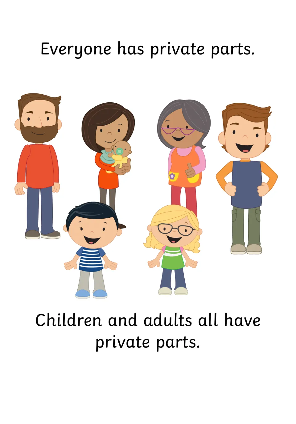 Social story page: everyone has private parts, with a cartoon group of children and adults of different ages