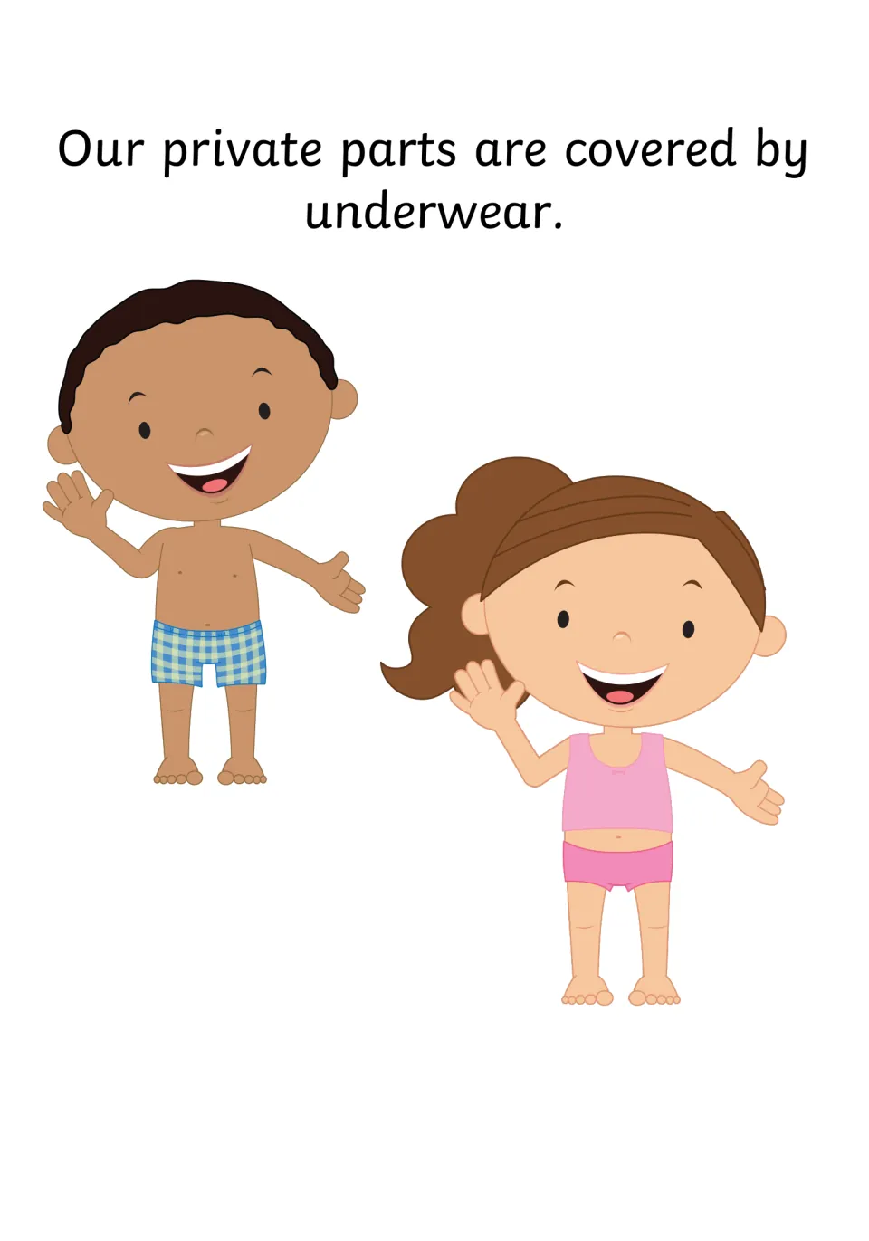 Social story page explaining that underwear covers private parts, shown by a boy and girl waving in underwear