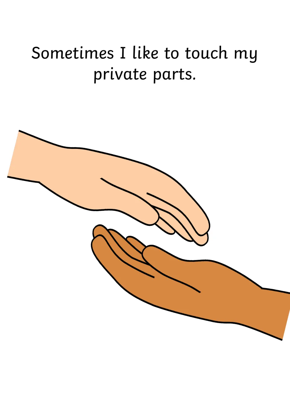 Story page stating 'Sometimes I like to touch my private parts' beside two open cartoon hands