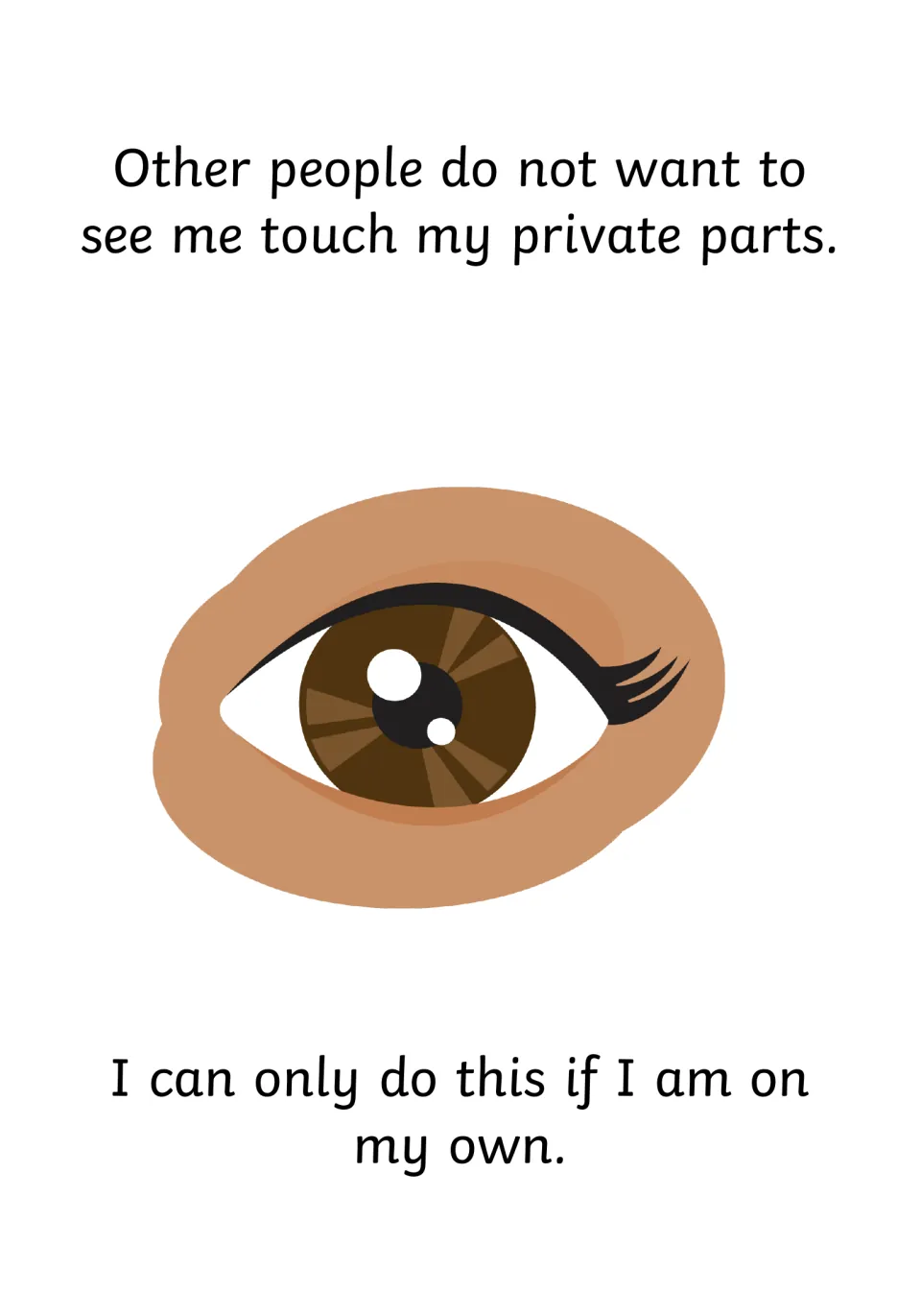 Privacy rule: other people do not want to see me touch my private parts; only when on my own, with a large eye