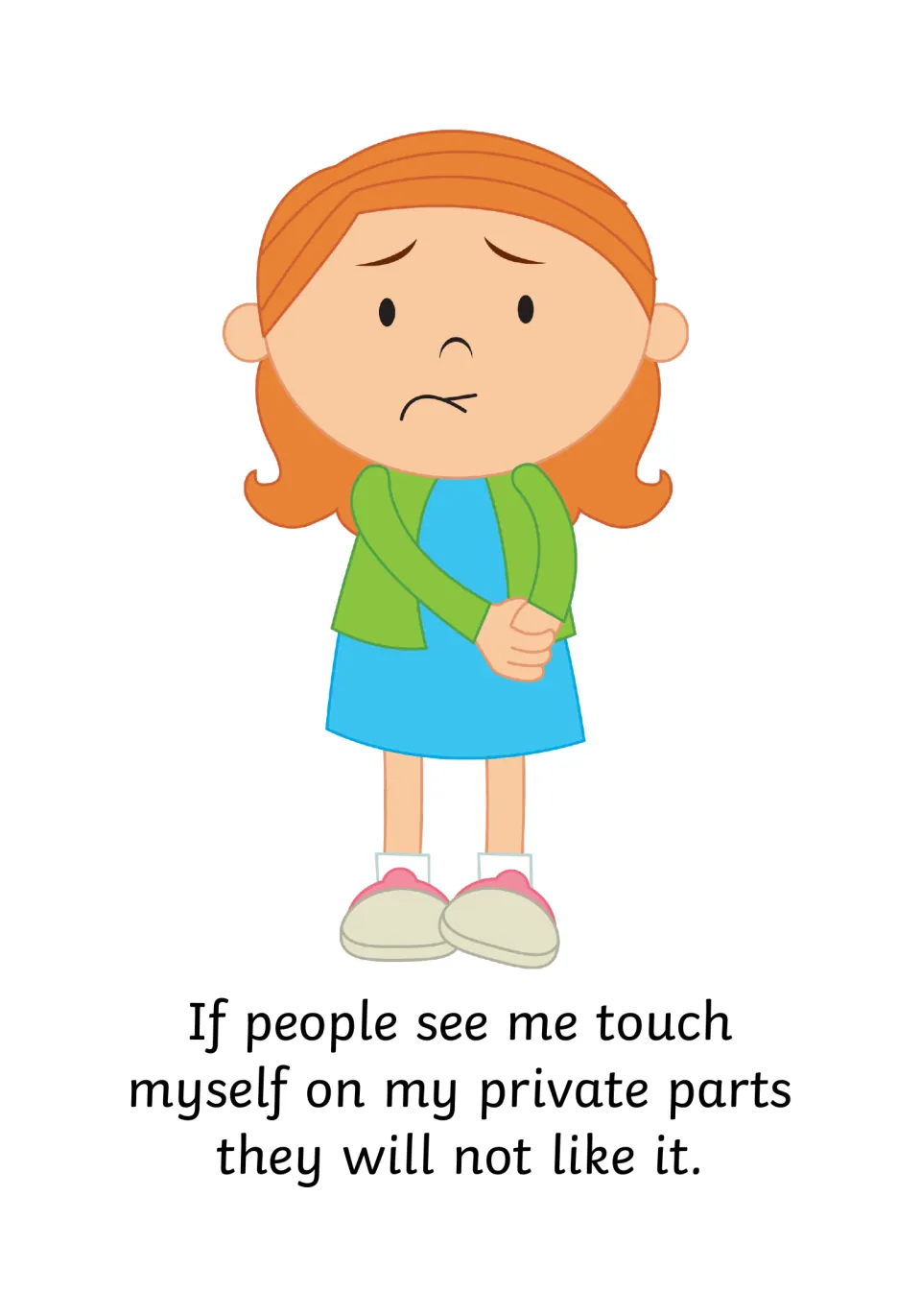 Consequence page: people will not like seeing me touch myself, shown by a worried girl with clasped hands
