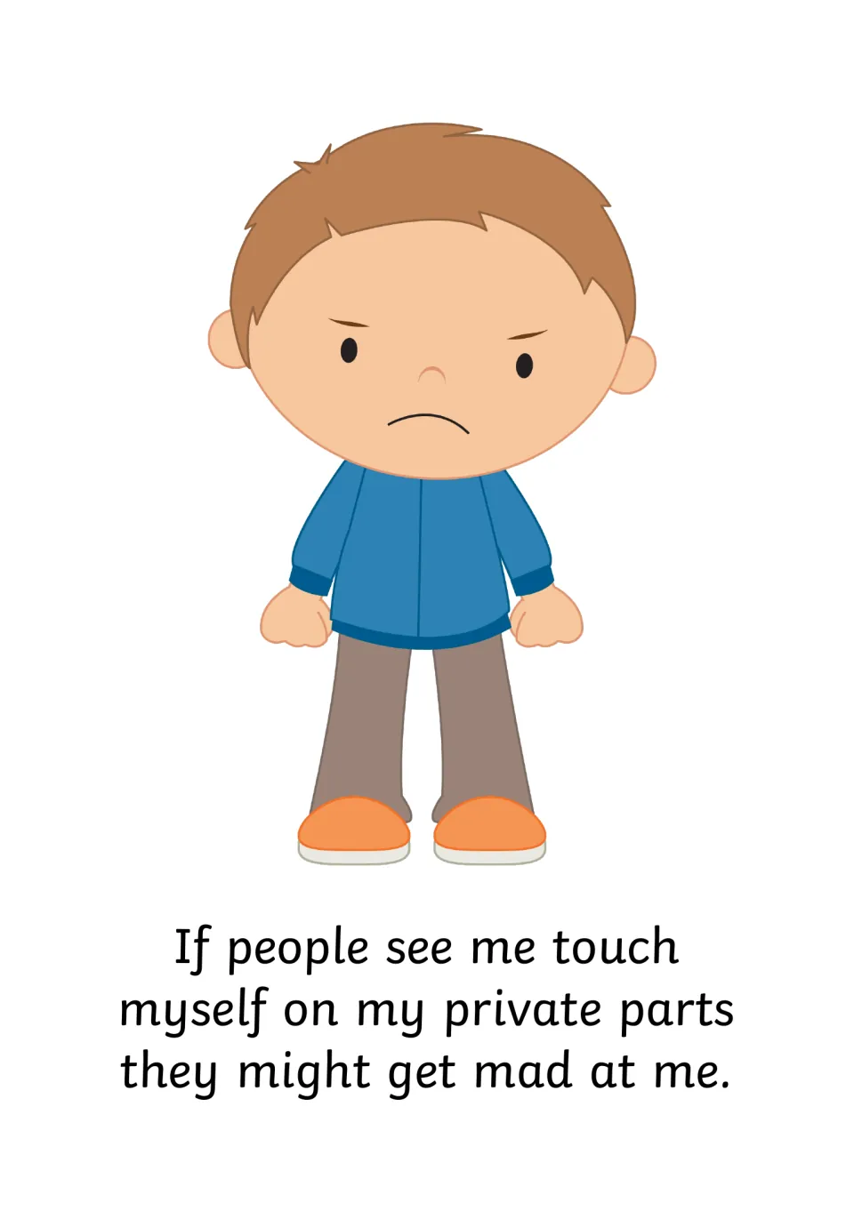 Consequence page: people might get mad if they see, shown by a frowning boy with clenched fists