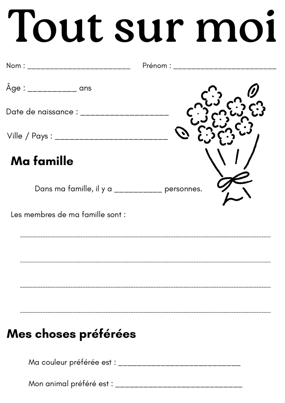 French all-about-me profile: students fill in name, age, birthday, city, family members and favourite colour and animal