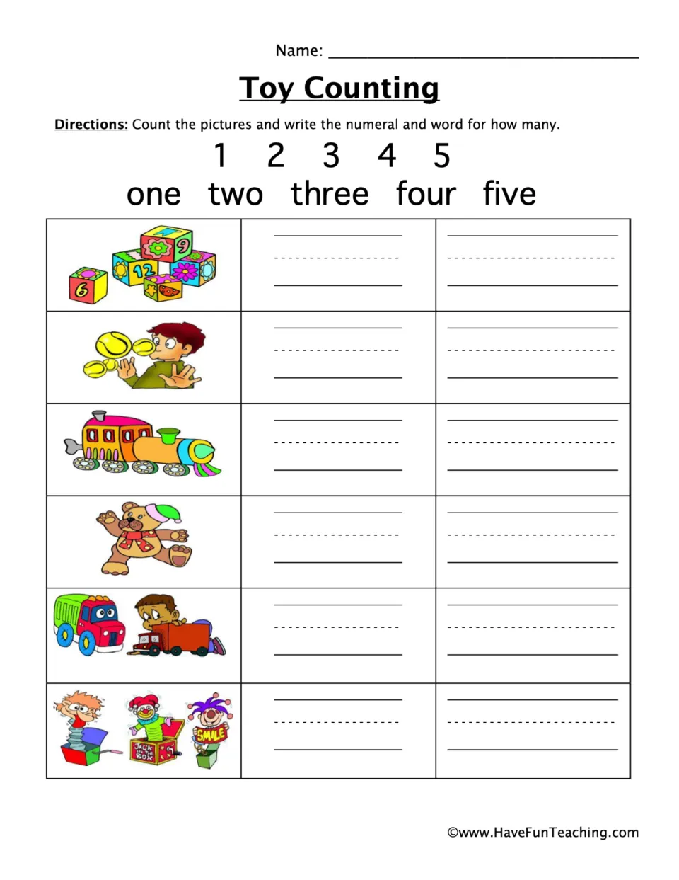 Toy counting: students count blocks, balls, a train, a bear, trucks and jack-in-the-boxes, then write each numeral and word
