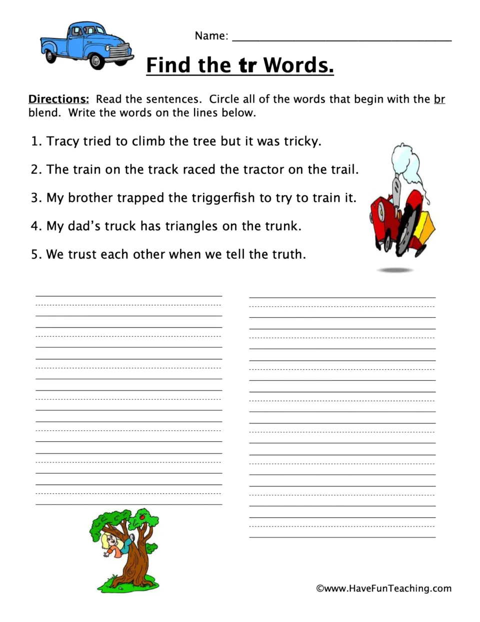 TR blend practice: five sentences containing words such as Tracy, tried, tree, train, track, and truck