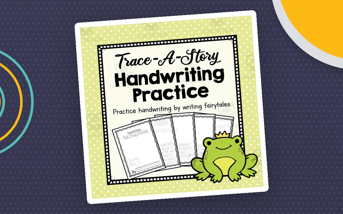 Trace-A-Story Handwriting Practice cover with frog illustration and lined fairy-tale pages.