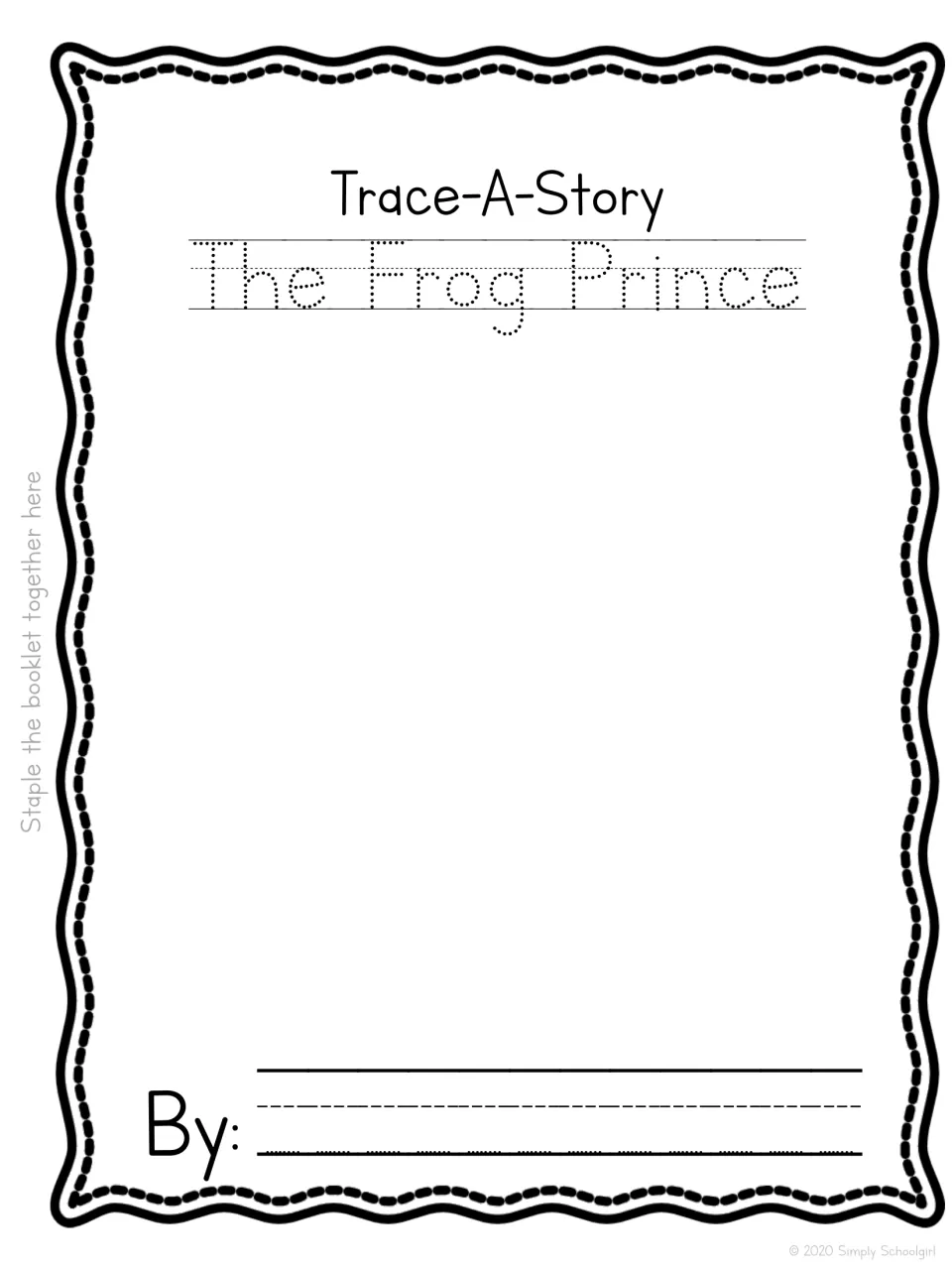 The Frog Prince booklet title page: students trace the dotted story title and write their name on the By line