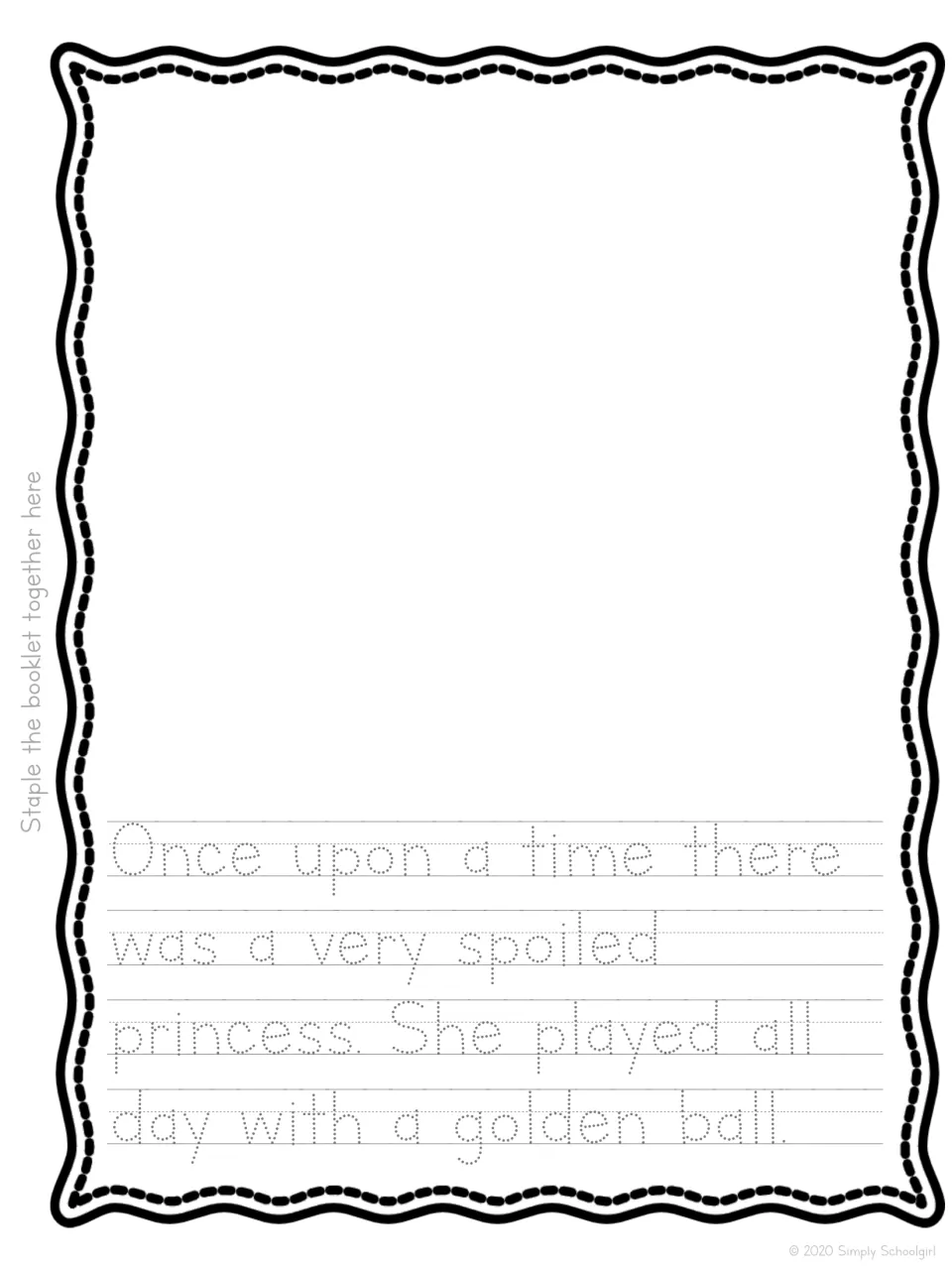 The Frog Prince, part 1: students trace dotted print about a spoiled princess and her golden ball, then draw the scene
