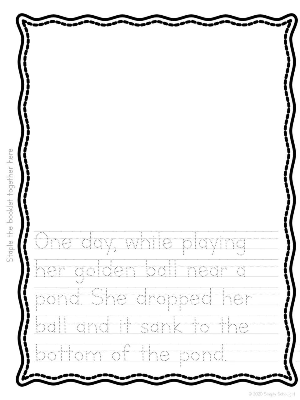 Frog Prince story page: trace sentences telling how the princess drops her golden ball into the pond, then illustrate