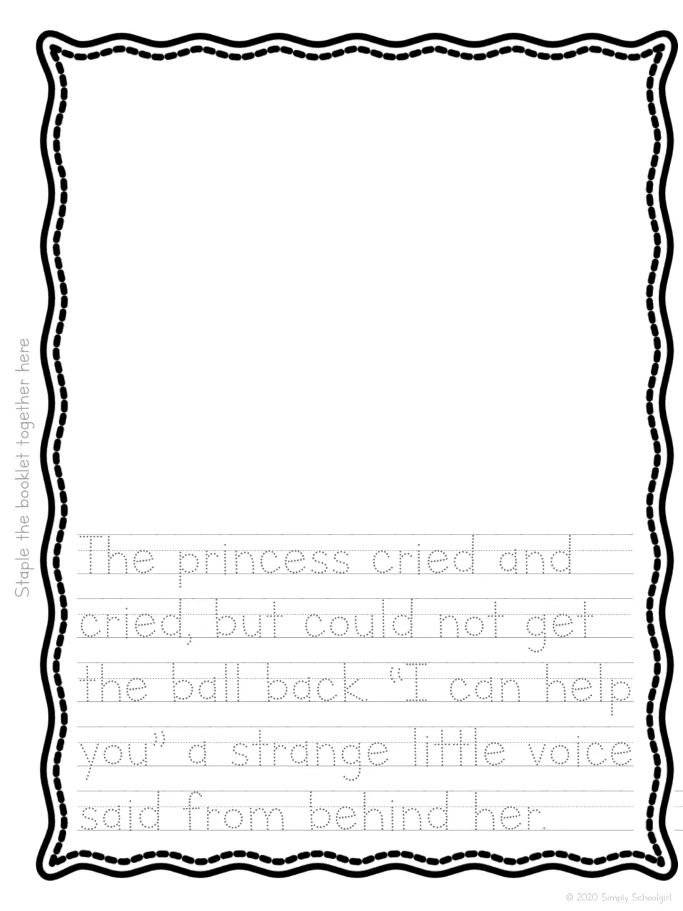 Handwriting tracing: the princess cries until a strange little voice says "I can help you"; students then draw it