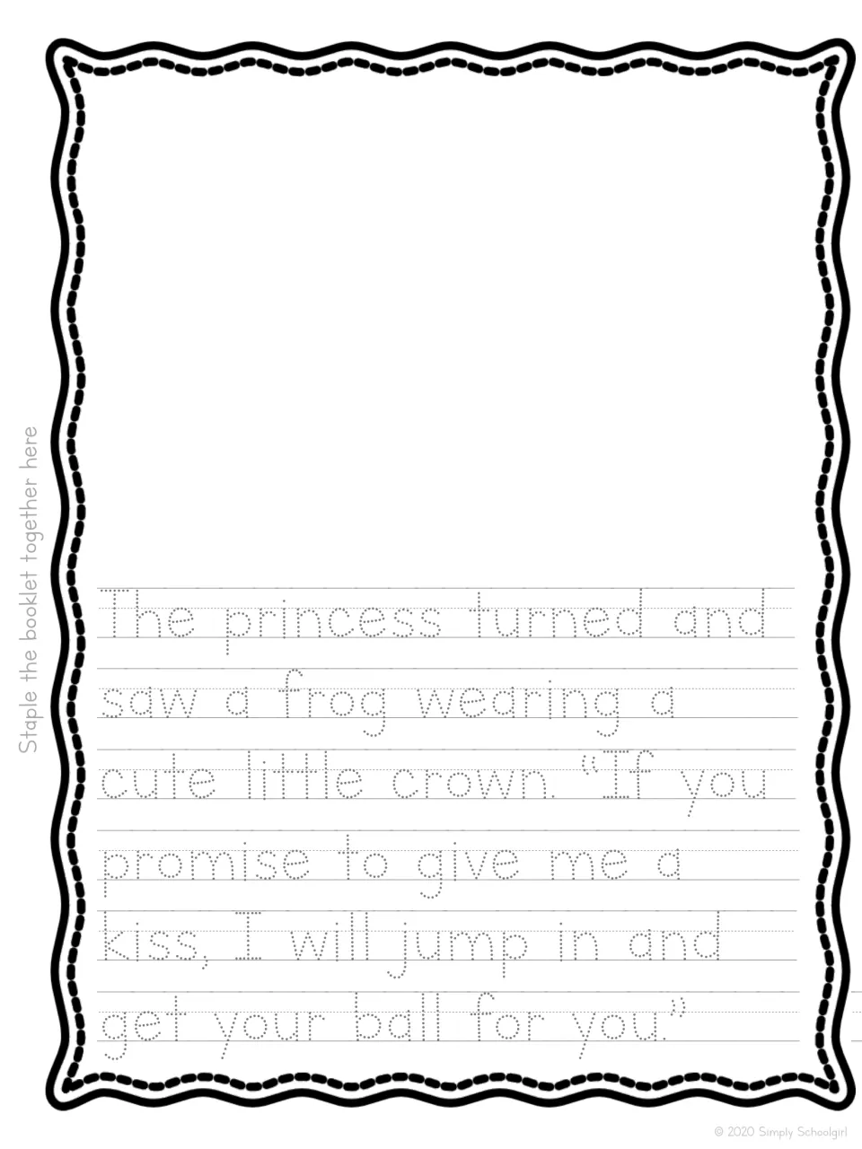 Tracing the frog's offer: a crowned frog promises to fetch the ball for a kiss; students trace the print and illustrate