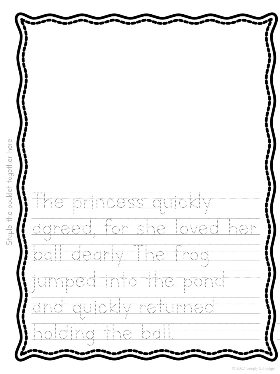 Printing practice on the frog's rescue: he jumps into the pond and returns the ball; students trace, then picture it