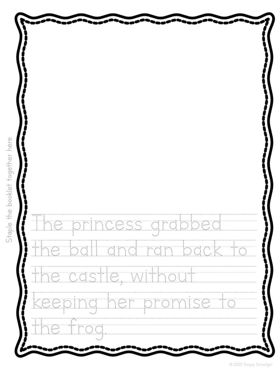 Broken promise scene: students trace print about the princess running to the castle without keeping her word, then draw