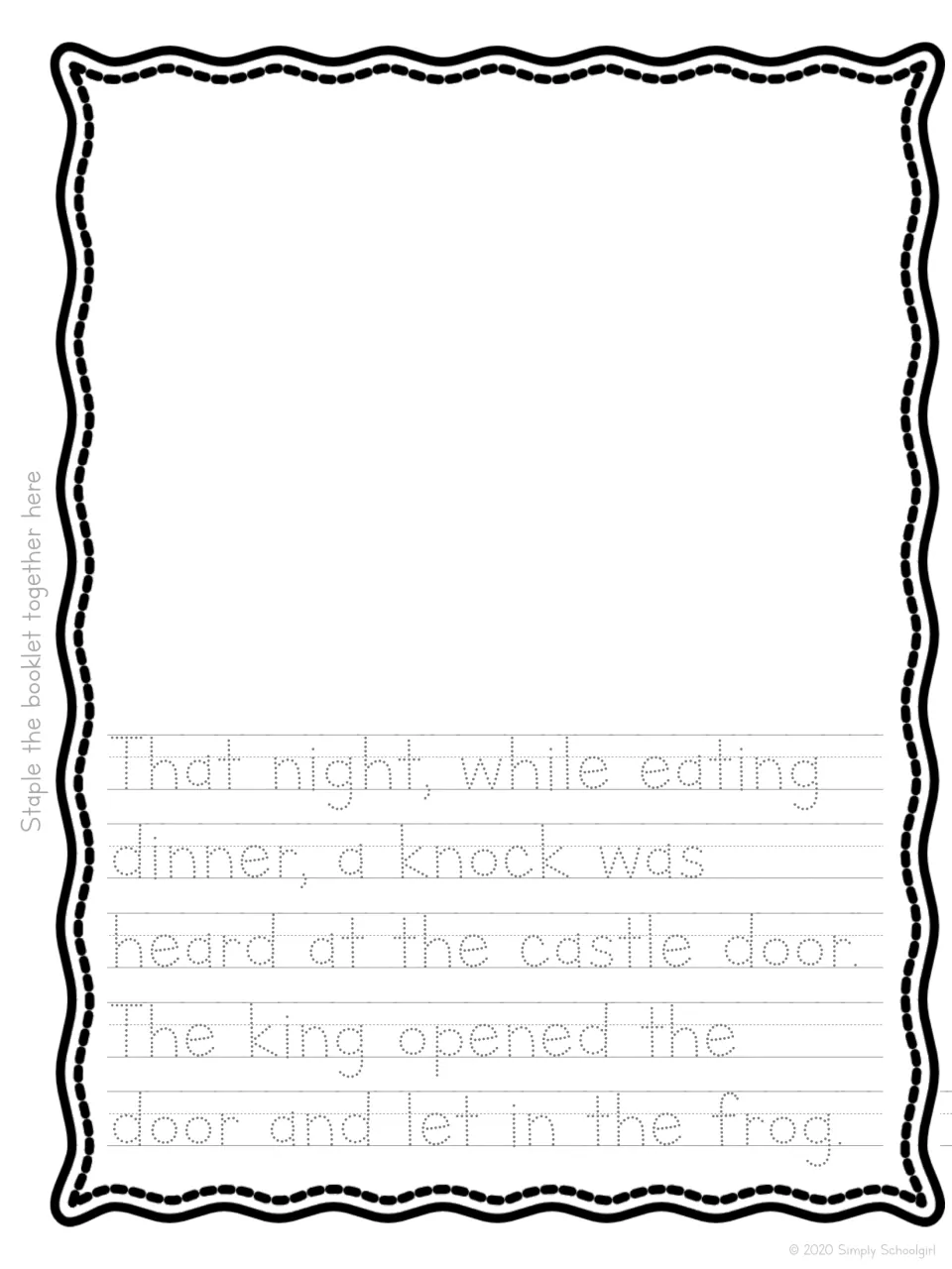 Knock at the castle door: trace sentences where the king lets the frog in during dinner, then sketch the moment