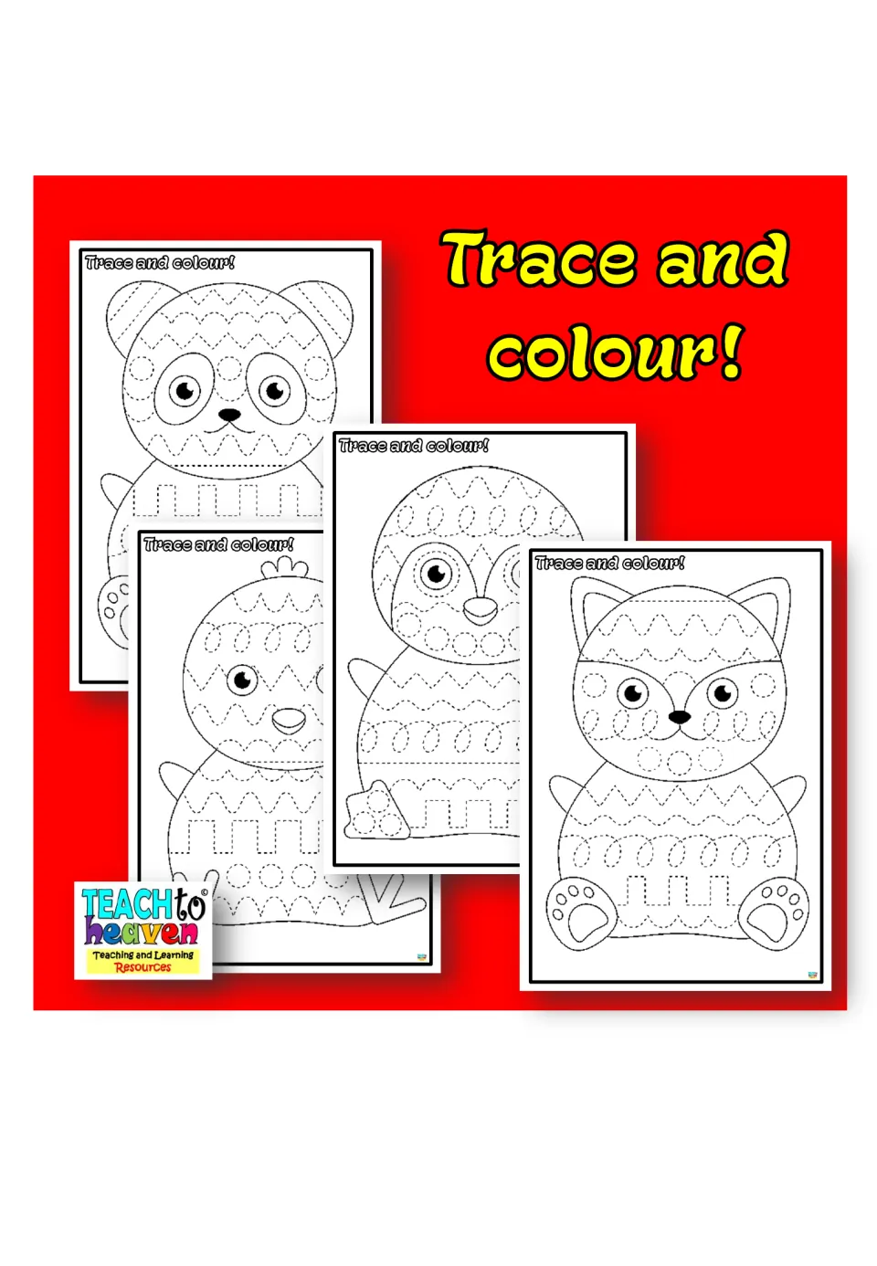 Cover of the tracing and coloring resource showing panda, chick, penguin, and cat worksheet samples