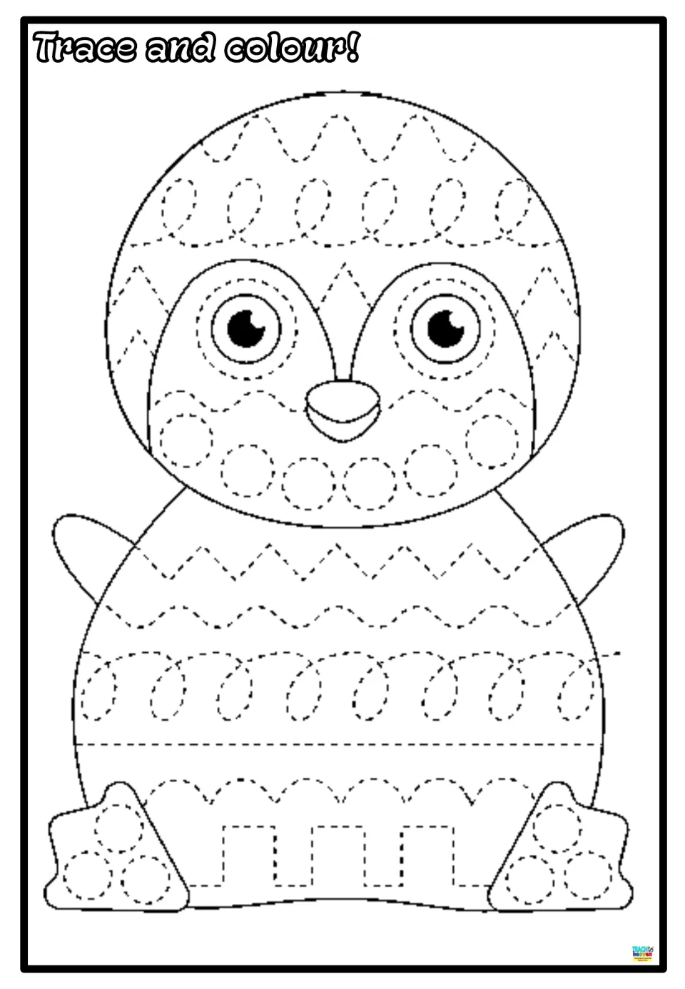 Penguin tracing and coloring worksheet for handwriting practice, featuring loops, circles, and zigzags