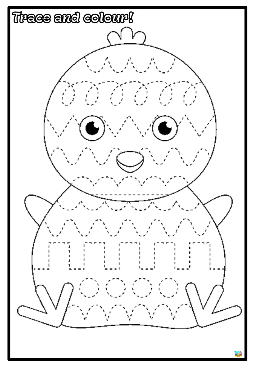 Chick tracing and coloring worksheet for handwriting practice, featuring waves, loops, and step patterns
