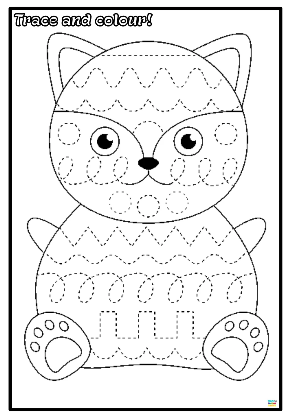 Cat tracing and coloring worksheet for handwriting practice, featuring circles, loops, and zigzags