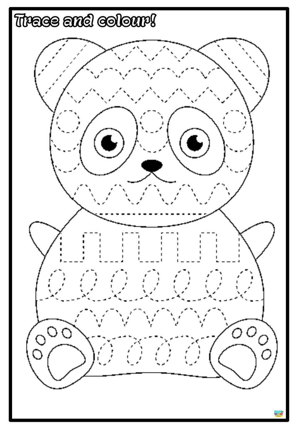 Panda tracing and coloring worksheet for handwriting practice, featuring zigzags, loops, and step patterns