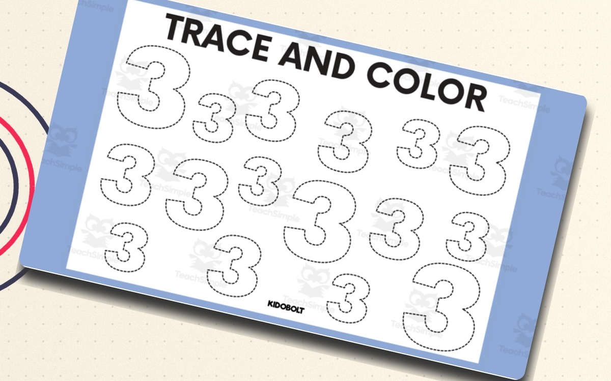 Trace and Color Number Shape - 3 preview: One printable numeral-three practice page