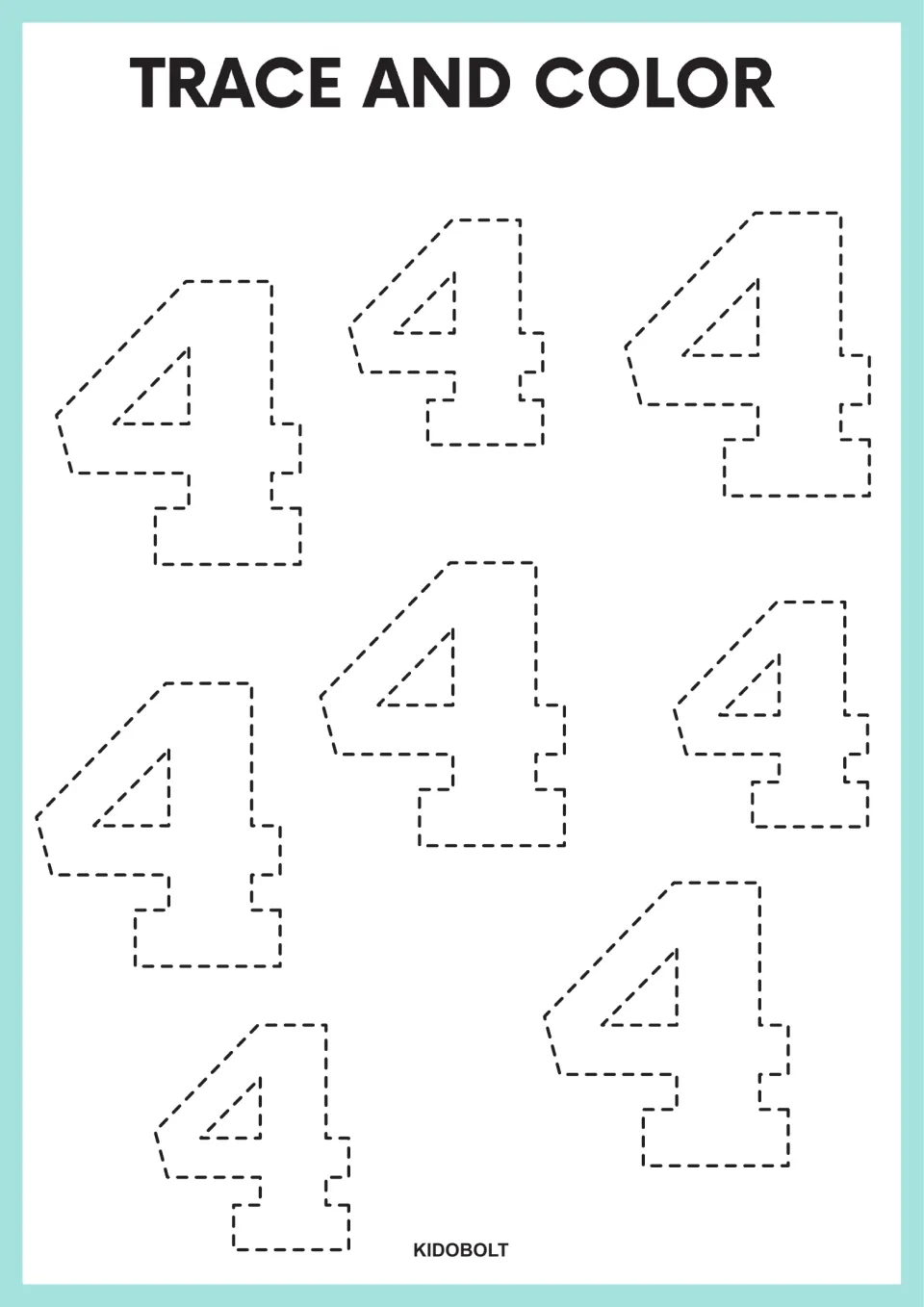 Number 4 tracing and coloring worksheet headed 'TRACE AND COLOR,' with eight numeral 4s in varying sizes.