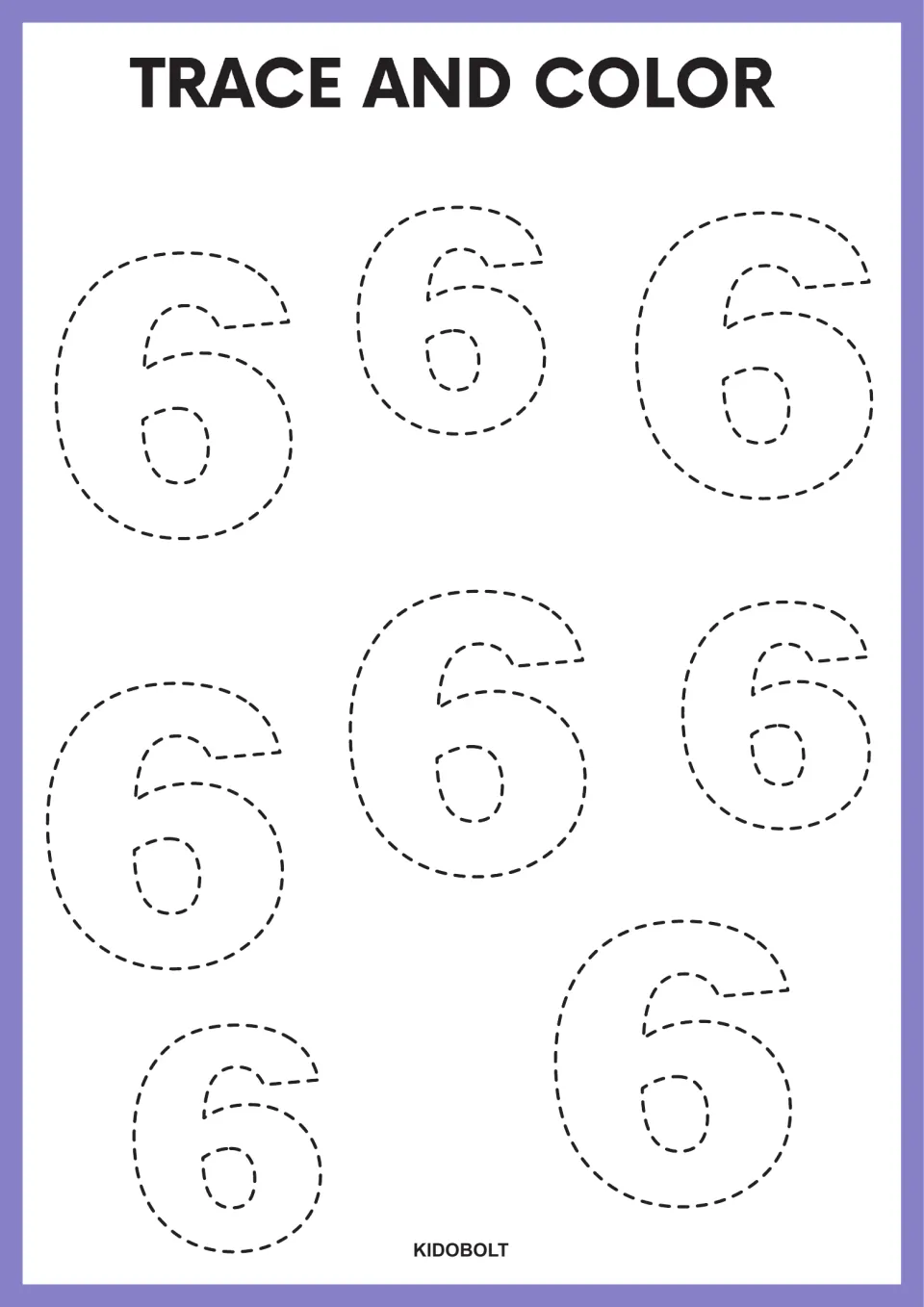 Number 6 tracing and coloring worksheet featuring eight numeral 6 shapes under the heading “TRACE AND COLOR.”