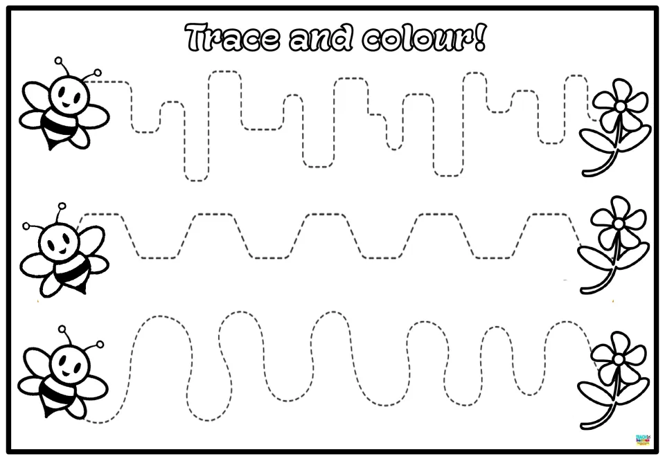 Tracing activity 1: three bee-to-flower paths with rounded steps, flat-topped waves, and winding curves.