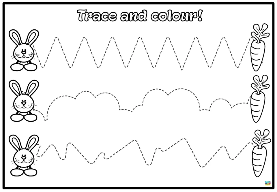 Tracing activity 2: three rabbit-to-carrot paths featuring regular zigzags, rounded humps, and uneven turns.