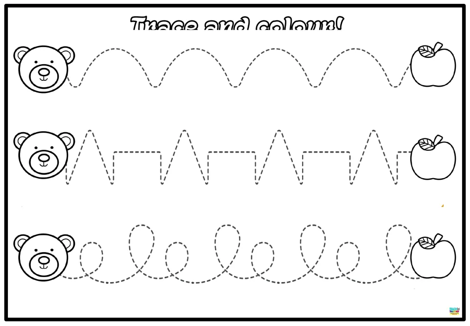 Tracing activity 3: three bear-to-apple paths featuring rounded waves, peaks with flat steps, and loops.