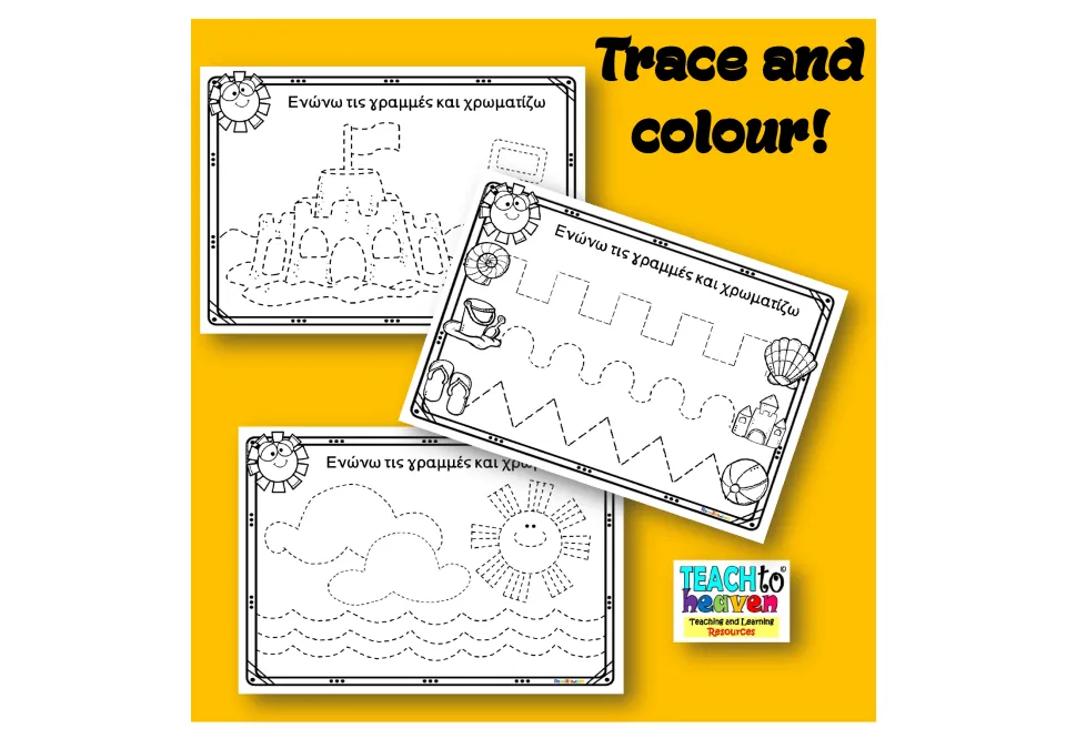 Trace and colour! cover showing three summer tracing pages: a sandcastle, beach-item line paths and a sun with clouds