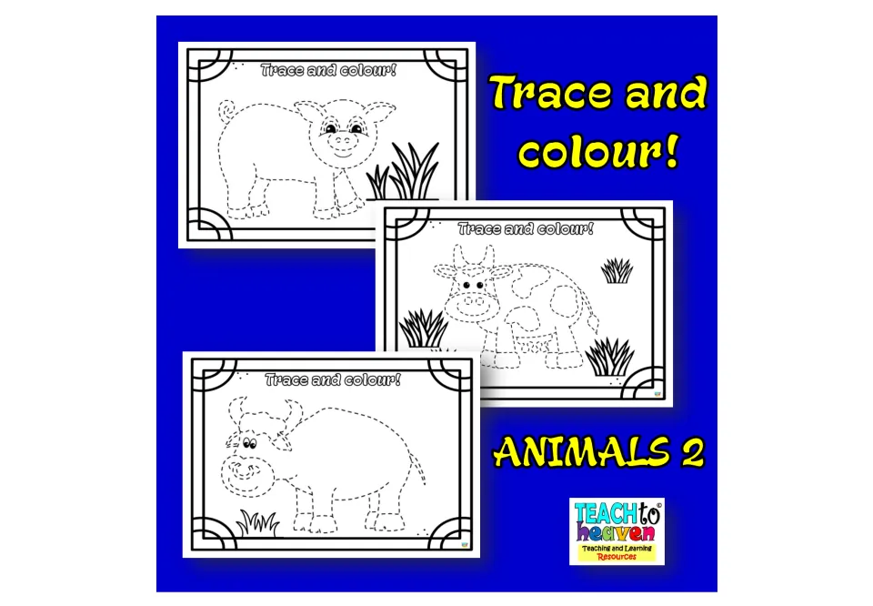 Trace and colour! Animals 2 cover showing three dashed-line tracing pages: a pig, a spotted cow and a horned animal